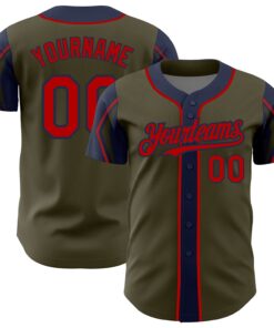 Custom Olive Red-Navy 3 Colors Arm Shapes Authentic Salute To Service Baseball Jersey