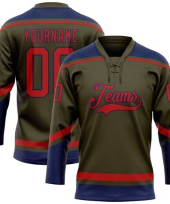 Custom Olive Red-Navy Salute To Service Hockey Lace Neck Jersey