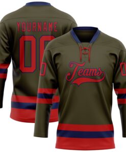 Custom Olive Red-Navy Salute To Service Hockey Lace Neck Jersey