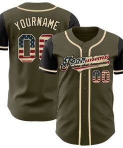 Custom Olive Vintage USA Flag-Black Authentic Two Tone Salute To Service Baseball Jersey