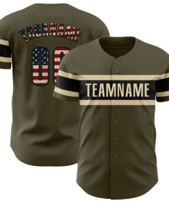 Custom Olive Vintage USA Flag Black-Cream Authentic Salute To Service Baseball Jersey