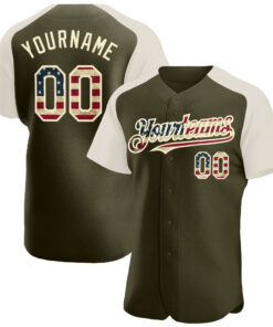 Custom Olive Vintage USA Flag-Cream Authentic Raglan Sleeves Salute To Service Baseball Jersey
