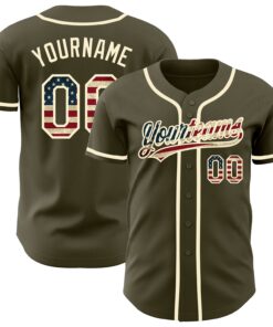 Custom Olive Vintage USA Flag-Cream Authentic Salute To Service Baseball Jersey