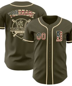 Custom Olive Vintage USA Flag-Cream Authentic Salute To Service Baseball Jersey