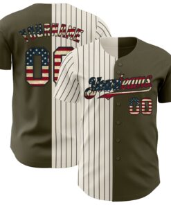 Custom Olive Vintage USA Flag Cream-Black Pinstripe Authentic Split Fashion Salute To Service Baseball Jersey