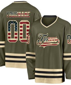 Custom Olive Vintage USA Flag Cream-Black Salute To Service Hockey Jersey