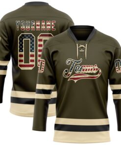 Custom Olive Vintage USA Flag Cream-Black Salute To Service Hockey Lace Neck Jersey