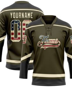 Custom Olive Vintage USA Flag Cream-Black Salute To Service Hockey Lace Neck Jersey
