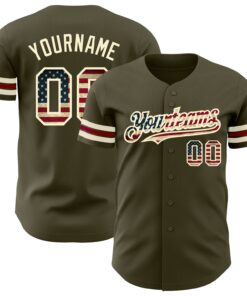 Custom Olive Vintage USA Flag Cream-Crimson Authentic Salute To Service Baseball Jersey