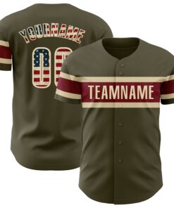 Custom Olive Vintage USA Flag Cream-Crimson Authentic Salute To Service Baseball Jersey