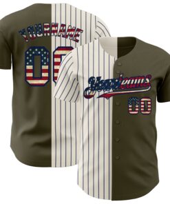 Custom Olive Vintage USA Flag Cream-Navy Pinstripe Authentic Split Fashion Salute To Service Baseball Jersey