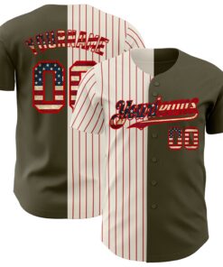 Custom Olive Vintage USA Flag Cream-Red Pinstripe Authentic Split Fashion Salute To Service Baseball Jersey