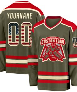 Custom Olive Vintage USA Flag Cream-Red Salute To Service Hockey Jersey