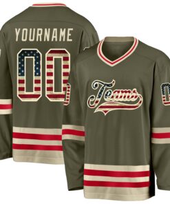 Custom Olive Vintage USA Flag-Cream Salute To Service Hockey Jersey