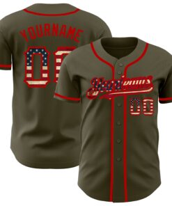 Custom Olive Vintage USA Flag-Red Authentic Salute To Service Baseball Jersey