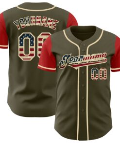 Custom Olive Vintage USA Flag Red-Cream Authentic Two Tone Salute To Service Baseball Jersey