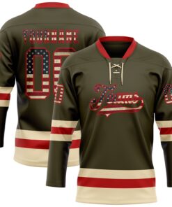 Custom Olive Vintage USA Flag Red-Cream Salute To Service Hockey Lace Neck Jersey