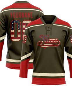 Custom Olive Vintage USA Flag Red-Cream Salute To Service Hockey Lace Neck Jersey