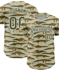 Custom Olive White 3D Pattern Design Crocodile Authentic Baseball Jersey