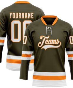 Custom Olive White-Bay Orange Salute To Service Hockey Lace Neck Jersey