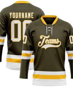 Custom Olive White-Gold Salute To Service Hockey Lace Neck Jersey