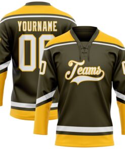 Custom Olive White-Gold Salute To Service Hockey Lace Neck Jersey