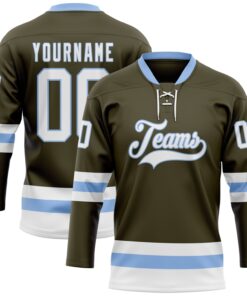 Custom Olive White-Light Blue Salute To Service Hockey Lace Neck Jersey