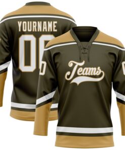 Custom Olive White-Old Gold Salute To Service Hockey Lace Neck Jersey