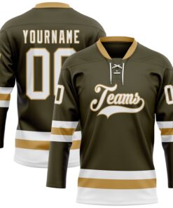 Custom Olive White-Old Gold Salute To Service Hockey Lace Neck Jersey