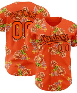 Custom Orange Black 3D Pattern Design Northeast China Big Flower Authentic Baseball Jersey
