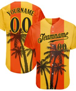 Custom Orange Black-Gold 3D Pattern Design Hawaii Coconut Trees Authentic Baseball Jersey