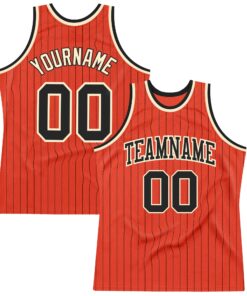 Custom Orange Black Pinstripe Black-Cream Authentic Basketball Jersey