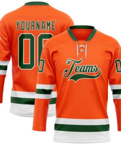 Custom Orange Green-White Hockey Lace Neck Jersey