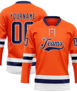 Custom Orange Navy-White Hockey Lace Neck Jersey
