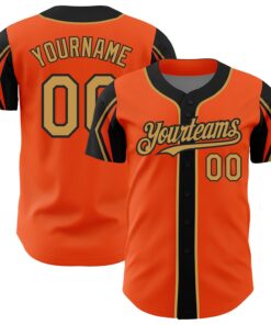Custom Orange Old Gold-Black 3 Colors Arm Shapes Authentic Baseball Jersey