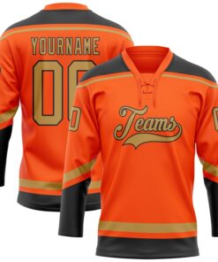 Custom Orange Old Gold-Black Hockey Lace Neck Jersey
