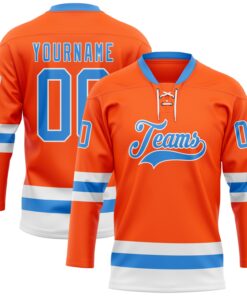 Custom Orange Powder Blue-White Hockey Lace Neck Jersey