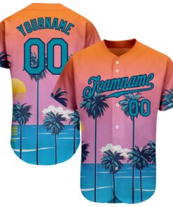 Custom Orange Teal-Navy 3D Pattern Design Sun Beach Hawaii Palm Trees Authentic Baseball Jersey
