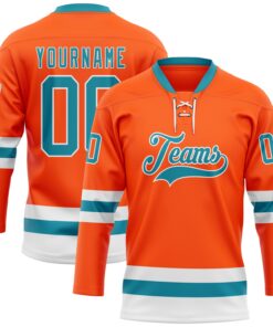 Custom Orange Teal-White Hockey Lace Neck Jersey