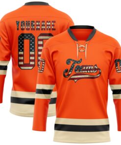 Custom Orange Vintage USA Flag Black-Cream Hockey Lace Neck Jersey