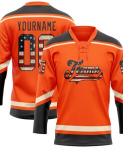 Custom Orange Vintage USA Flag Black-Cream Hockey Lace Neck Jersey