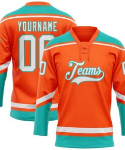 Custom Orange White-Aqua Hockey Lace Neck Jersey