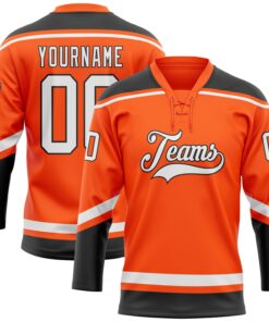 Custom Orange White-Black Hockey Lace Neck Jersey