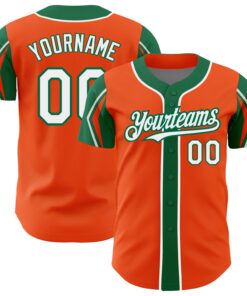 Custom Orange White-Kelly Green 3 Colors Arm Shapes Authentic Baseball Jersey