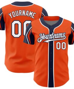 Custom Orange White-Navy 3 Colors Arm Shapes Authentic Baseball Jersey