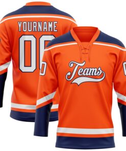 Custom Orange White-Navy Hockey Lace Neck Jersey