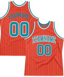 Custom Orange White Pinstripe Teal Authentic Basketball Jersey