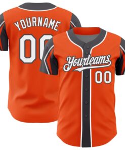 Custom Orange White-Steel Gray 3 Colors Arm Shapes Authentic Baseball Jersey