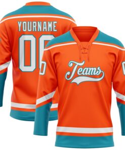 Custom Orange White-Teal Hockey Lace Neck Jersey