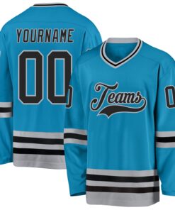 Custom Panther Blue Black-Gray Hockey Jersey